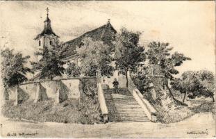 Felsőleszéte, Leszéte, Podola, Podolie (Vágújhely, Nové Mesto nad Váhom); templom. Kézzel rajzolt lap 1907-ből / church. Hand-drawn art (fl)