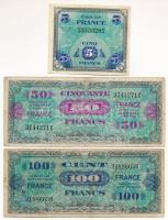 Franciaország / Szövetséges katonai kiadás 1944. 5Fr + 50Fr + 100Fr T:F,VG France / Allied military currency 1944. 5 Francs + 50 Francs + 100 Francs C:F,VG