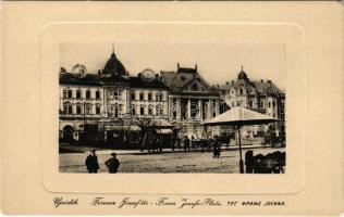 Újvidék, Novi Sad; Ferenc József tér, piac, Grand Hotel Mayer szálloda és étterem, sörcsarnok, Takarékpénztár. W.L. Bp. 4223. / Franz Josefs-Platz / square, hotel and restaurant, beer hall, savings bank (EK)