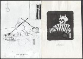 Rau Tibor (1934-2009), 2 db karikatúra: "Olcsó nyári program" és "Velős pánsíp". Tus, papír, mindkettő jelzett. Egyik hátoldalán "Magyar N. elfogadva", másik hátoldalán "Ludas Matyi (...)" felirattal. 30x21 cm.