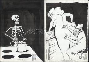 Rau Tibor (1934-2009), 2 db karikatúra: "Csontleves" és "Tetováló szalon nyílt Budapesten" (erotikus karikatúra). Tus, papír, mindkettő jelzett. Egyik hátoldalán "Ludas Hírlap", másik hátoldalán "Ludas Matyi (...)" felirattal. 30x21,5 cm.