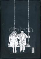 Rau Tibor (1934-2009), 2 db karikatúra: "Pedantéria" és "Hintában" (erotikus kar...