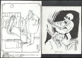 Rau Tibor (1934-2009), 2 db karikatúra: "Női dolgok" és "Karate halál". Tus, papír, mindkettő jelzett. Egyik hátoldalán "Ludas HÍrlap", másik hátoldalán "Ludas Magazin Hírlap" felirattal. 30x21 és 25x20,5cm.