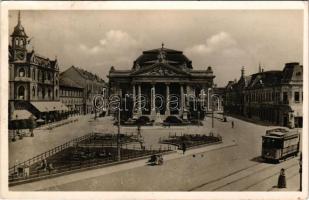 1941 Nagyvárad, Oradea; Horthy Miklós tér, Szigligeti színház, villamos / square, theatre, tram (EK)