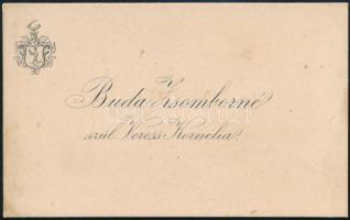 cca 1900 Buda Zsomborné Veress Kornélia címeres névjegykártyája, hátoldalán autográf soraival, 9×6 cm