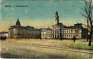 1918 Arad, Városház tér, városháza. Vasúti levelezőlapárusítás 2028. 1917. / square, town hall (szakadások / tears)