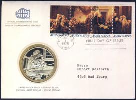 USA 1976. Függetlenség a Postamesterek gondozásában kiadott Ag emlékérem 20g érmés, bélyeges borítékon, USA-bélyeggel, elsőnapi bélyegzővel, német nyelvű ismertetővel T:PP