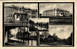 Érsekújvár, Nové Zámky; részletek, iskola / multi-view postcard, school + &quot;1938 Érsekújvár visszatért&quot; So. Stpl. (EK)