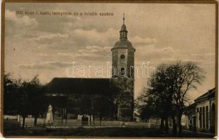 1930 Abaújszántó, 800 éves római katolikus templom és a hősök szobra. Forgács Lajos kiadása + &quot;HIDASNÉMETI - SZERENCS 150&quot; vasúti mozgóposta bélyegző (EK)