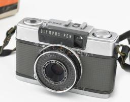 Olympus Pen EES-2 fényképezőgép, Olympus D.Zuiko 1:28 objektívvel, bőr tokjában, eredeti dobozában