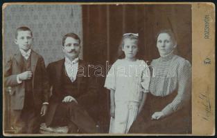 cca 1910-15 Tichy Gyula (1879-1920) festőművész és családja, keményhátú fotó Vogel D rozsnyói műterméből, hátoldalán feliratozott és Magyar Festők Arcképcsarnoka bélyegzéssel 16,5x10,5 cm