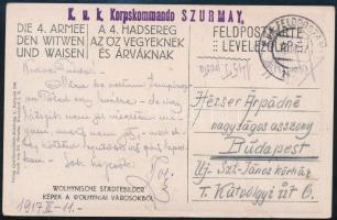 1917 Tábori posta képeslap &quot;K.u.k. Korpskommando SZURMAY&quot; + &quot;FP / 14(...)&quot;