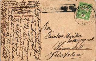 1913 Busteni, Bulevardul / street view + "SZÁSZRÉGEN - KOCSÁRD 129. SZ." vasúti mozgóposta...