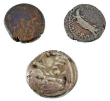 Vegyes, 3db-os ókori lot, közte Római Köztársaság / Marcus Antonius Kr.e. 32-31. Antoninianus Ag (3,37g) + Görög? ezüst érme (13,21g) + kopottabb bronz érme (5,99g) T:F Mixed, 3pcs ancient lot, in it Republic of Rome / Marcus Antonius 32-31 BC Legionary Denarius Ag &quot;ANT AVG III VIR R P C / LEG IX&quot; (3,37g) + Greek? silver coin (13,21g) + worned bronze coin (5,99g) C:F