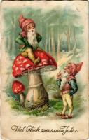 Viel Glück zum neuen Jahre / Újévi üdvözlet törpékkel és gombával / New Year greeting, mushroom and dwarves. Amag Nr. 2472. litho (EB)