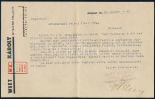 1941 Witt Károly építőipari vállalt fejléces levél aláírással