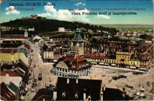 Brassó, Kronstadt, Brasov; Ferenc József tér és környéke, piac, villamos / square, trams, market (fl)