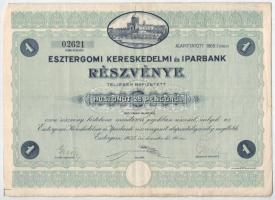 Esztergom 1932. "Esztergomi Kereskedelmi és Iparbank" részvénye 25P-ről, szárazpecséttel és szelvényekkel T:F