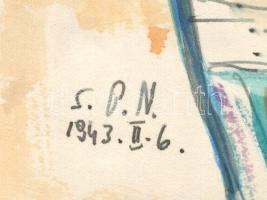 Nolipa István Pál (1907-1986): Enteriőr festőeszközökkel, 1943. Akvarell, tus, papír. Jelzett. 34,5x...