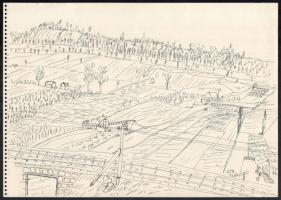 Nolipa István Pál (1907-1986): Dombos táj, 1943. Tus, papír. Jelzett. 24,5x34,5 cm