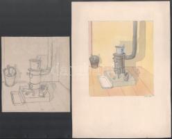 Nolipa István Pál (1907-1986): 2 db enteriőr rajz, 1937. Akvarell, ceruza, papír. Mindkettő jelzett. Hátoldalán katalógusszámokkal. 16x14 és 16x14,5 cm.