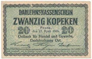 Német Birodalom / I. világháború / Keleti Főparancsnokság / Posen (Poznań) 1916. 20k T:F erős papír German Empire / WWI / Ober Ost / Posen (Poznań) 1916. 20 Kopeken C:F strong paper Krause R120