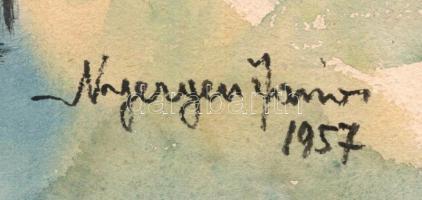 Nyergesi János (1895-1982): Varró asszony, 1957. Akvarell, tus, papír, jelzett. 33,5x24 cm