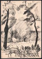 Nyergesi János (1895-1982): Expresszív táj (1910 v. 1920). Tus, papír, jelzett. 31x22 cm.