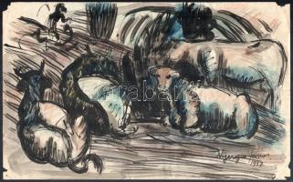 Nyergesi János (1895-1982): Fekvő tehenek, 1957. Tus, akvarell, papír, jelzett. Lap sarkaiban apró sérülésekkel. 21x34 cm.