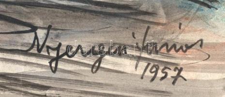 Nyergesi János (1895-1982): Fekvő tehenek, 1957. Tus, akvarell, papír, jelzett. Lap sarkaiban apró s...