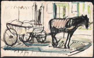Nyergesi János (1895-1982): Lovasszekér, 1953. Tus, akvarell, papír, jelzett. Lap széle kissé sérült. Kissé foltos. 22,5x37,5 cm.