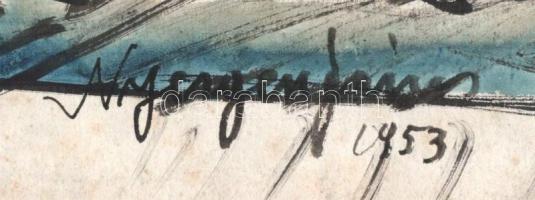 Nyergesi János (1895-1982): Lovasszekér, 1953. Tus, akvarell, papír, jelzett. Lap széle kissé sérült...