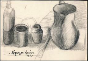 Nyergesi János (1895-1982): Csendélet, 1953. Szén, papír, jelzett. Kétoldalas mű, hátoldalán memento mori csendélet tanulmány. 21x30 cm.
