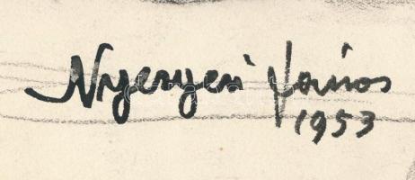Nyergesi János (1895-1982): Csendélet, 1953. Szén, papír, jelzett. Kétoldalas mű, hátoldalán memento...