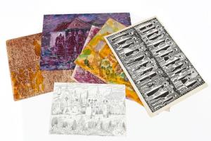 Durkó Gábor (1916-2003), össz. 7 db mű: Alakos kompozíciók, városképek és utcarészletek. Klf. technikák (monotípia, filctoll, golyóstoll, ceruza stb.), papír, kettő kivételével mind jelzett, részben lapszéli apró szakadásokkal és sérülésekkel, 21x29,5 és 30x42 cm közötti méretekben