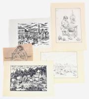 Durkó Gábor (1916-2003), össz. 5 db mű: Női akt, városképek és tájak (Mosdós, Piran, stb.) . Klf. technikák (monotípia, filctoll, golyóstoll, ceruza stb.), papír, kettő kivételével mind jelzett, részben lapszéli apró szakadásokkal és sérülésekkel, 21x29,5 és 30x42 cm közötti méretekben