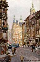 München, Munich; Kaufingerstr. / street view, tram, shops. Aquarell-Serie München No. 27. s: Richard Wagner