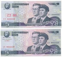 Észak Korea 2002. 5W &quot;0022448&quot; sorszámmal &quot;Kim Dzsongszuk, Kim Ir Szen első feleségének születésének 100. évfordulójára&quot; nyomattal + 5W &quot;00000000&quot; sorszámmal, piros koreai &quot;MINTA&quot; felülbélyegzéssel T:UNC North Korea 2002. 5 Won with &quot;0022448&quot; serial number, with &quot;100th birthday of Kim Jong Sook, first wife of Kim Il Sung&quot; overprint + 5 Won with &quot;00000000&quot; serial number, with red korean &quot;SPECIMEN&quot; overprint C:UNC  Krause P#CS9, P#58s