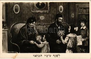 Héber nyelvű zsidó újévi üdvözlőlap. Judaika / Jewish New Year greeting postcard with Hebrew text, J...