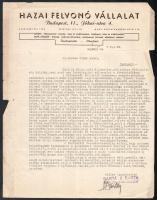 1947 Hazai Felvonóvállalat Barta és Wáspi fejléces levele, szélén szakadással