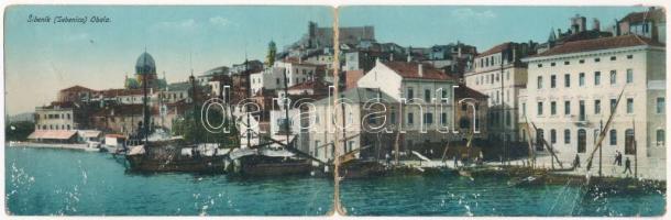 1914 Sibenik, Sebenico; Obala - 2-részes kinyitható panorámalap / 2-tiled folding panoramacard (hajtásnál szakadt / bent til broken)