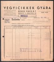 1947 Benes Vince Vegyicikkek Gyára fejléces számla, kis sérüléssel