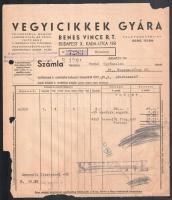 1947 Benes Vince Vegyicikkek Gyára fejléces számla, kis sérüléssel