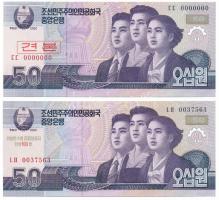 Észak Korea 2002. 50W &quot;Kim Dzsongszuk, Kim Ir Szen első feleségének születésének 100. évfordulójára&quot; nyomattal + 50W &quot;00000000&quot; sorszámmal, piros koreai &quot;MINTA&quot; felülbélyegzéssel T:UNC North Korea 2002. 50 Won &quot;100th birthday of Kim Jong Sook, first wife of Kim Il Sung&quot; + 50 Won with &quot;00000000&quot; serial number, with red korean &quot;SPECIMEN&quot; overprint C:UNC  Krause P#CS11, P#60s