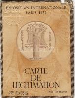 1937 Párizsi világkiállítás igazolvány (sérült)