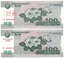 Észak Korea 2008. 100W &quot;Kim Dzsongszuk, Kim Ir Szen első feleségének születésének 100. évfordulójára&quot; nyomattal + 100W &quot;00000000&quot; sorszámmal, piros koreai &quot;MINTA&quot; felülbélyegzéssel T:UNC North Korea 2008. 100 Won &quot;100th birthday of Kim Jong Sook, first wife of Kim Il Sung&quot; + 100 Won with &quot;00000000&quot; serial number, with red korean &quot;SPECIMEN&quot; overprint C:UNC  Krause P#CS12, P#61s