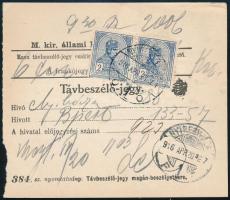 1916 Távbeszélő-jegy Turul 2K párral bérmentesítve &quot;NYÍREGYHÁZA&quot;