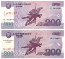 Észak Korea 2008. 200W &quot;0001492&quot; sorszámmal, &quot;Kim Dzsongszuk, Kim Ir Szen első feleségének születésének 100. évfordulójára&quot; nyomattal + 200W &quot;00000000&quot; sorszámmal, piros koreai &quot;MINTA&quot; felülbélyegzéssel T:UNC North Korea 2008. 200 Won &quot;100th birthday of Kim Jong Sook, first wife of Kim Il Sung&quot; + 200 Won with &quot;00000000&quot; serial number, with red korean &quot;SPECIMEN&quot; overprint C:UNC  Krause P#CS13, P#62s