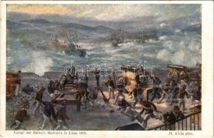 1914 A madonnai üteg harca 1866. július 19-én Lissán az olasz flotta ellen / Kampf der Batterie Madonna in Lissa gegen die italienische Flotte am 19. Juli 1866 - K.u.K. Kriegsmarine / the Battle of Vis (1866) Austro-Hungarian Navy art postcard. B.K.W.I. 281-6. s: H. Klein (EK)