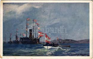 Die Seeschlacht bei Lissa. Flaggengala in Hafen von Lissa. K.u.K. Kriegsmarine. Kriegshilfsbüro Nr. F. 112. / Battle of Lissa (1866), flagship SMS Erzherzog Ferdinand Max, battleships dressed overall with international maritime signal flags as a sign of celebration, mariners in boat, naval flag s: Harry Heusser (EK)